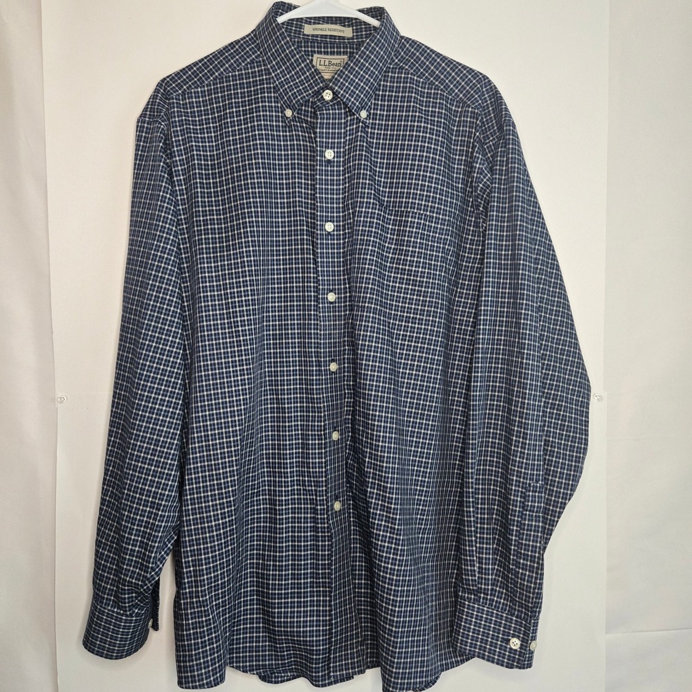 LL Bean Mens Large Blue White plaid Wrinkle Resistant Cotton Button Down Shirt